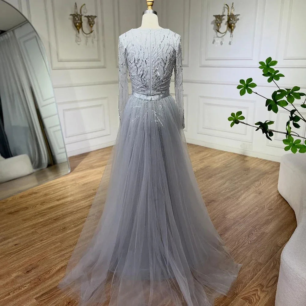 Custom Turquoise Mermaid Evening Dress Long Sleeve Beaded Gown
