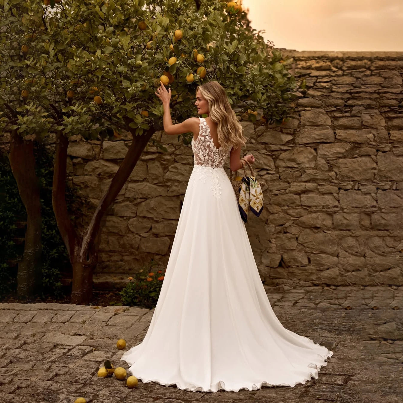Boho Chiffon Wedding Dress Sleeveless Deep V Lace Sweep Train