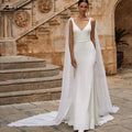Elegant Soft Satin Crepe V Neck Mermaid Dress With Detachable Cape