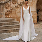 Elegant Soft Satin Crepe V Neck Mermaid Dress With Detachable Cape