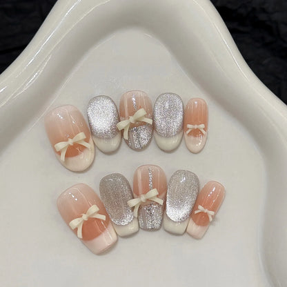 10 uñas postizas hechas a mano estilo ballet con lazos, cinta, crema, puntas francesas, uñas postizas con rubor, brillantes, estilo ojo de gato. 