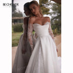 Customized Off The Shoulder A Line Wedding Dress Long Sleeve Appliques Gown