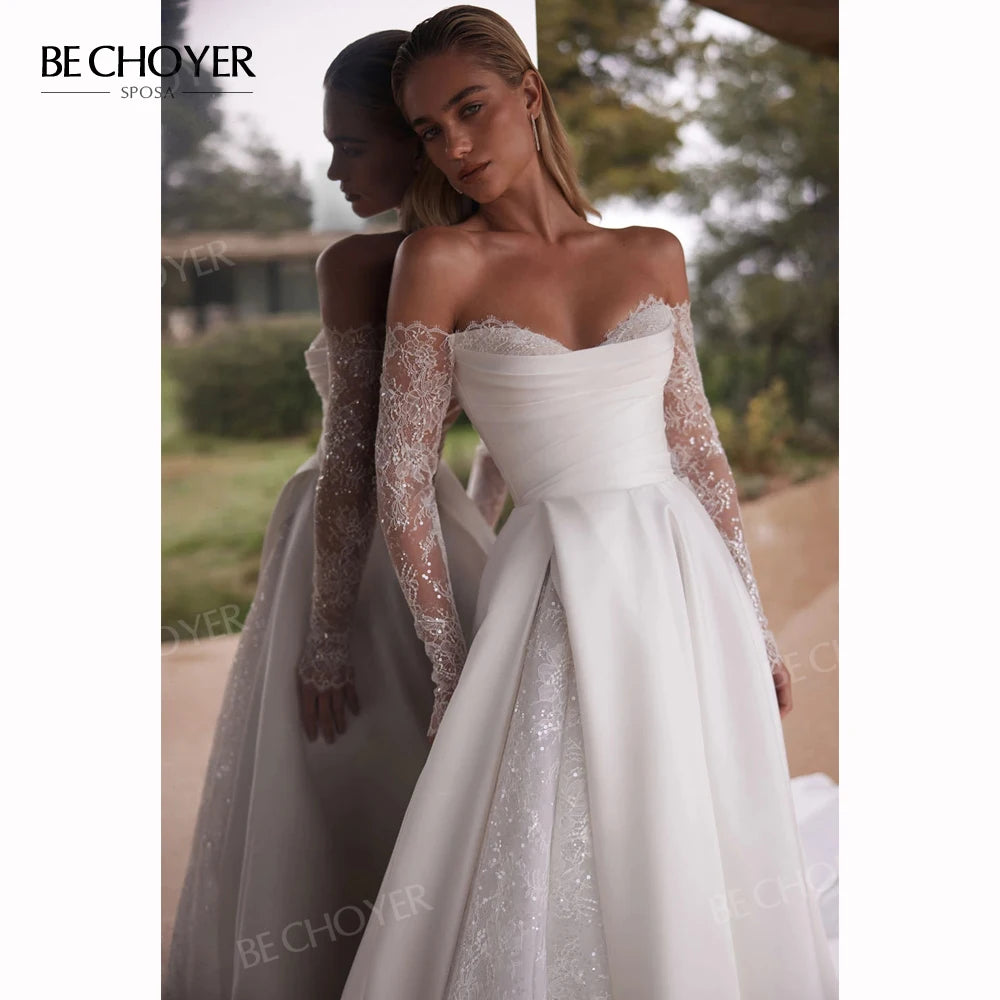 Customized Off The Shoulder A Line Wedding Dress Long Sleeve Appliques Gown