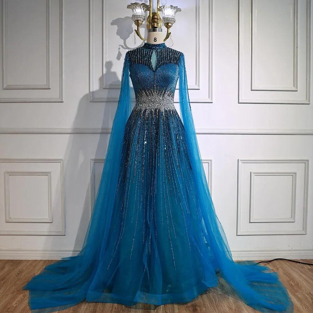 Custom Elegant Modest Blue Beaded Dubai Gown With Cape Sleeves