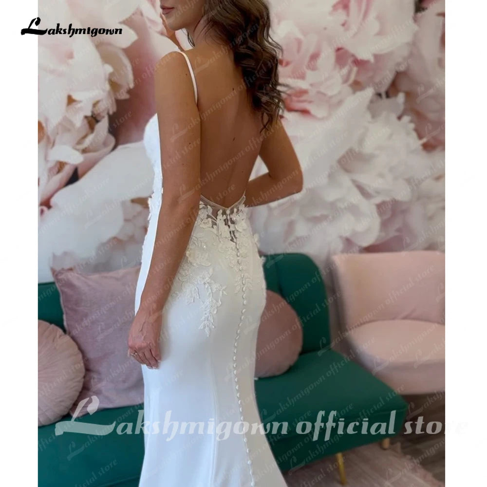 Custom Open Back Satin Mermaid Wedding Dress With Spaghetti Straps For Bride