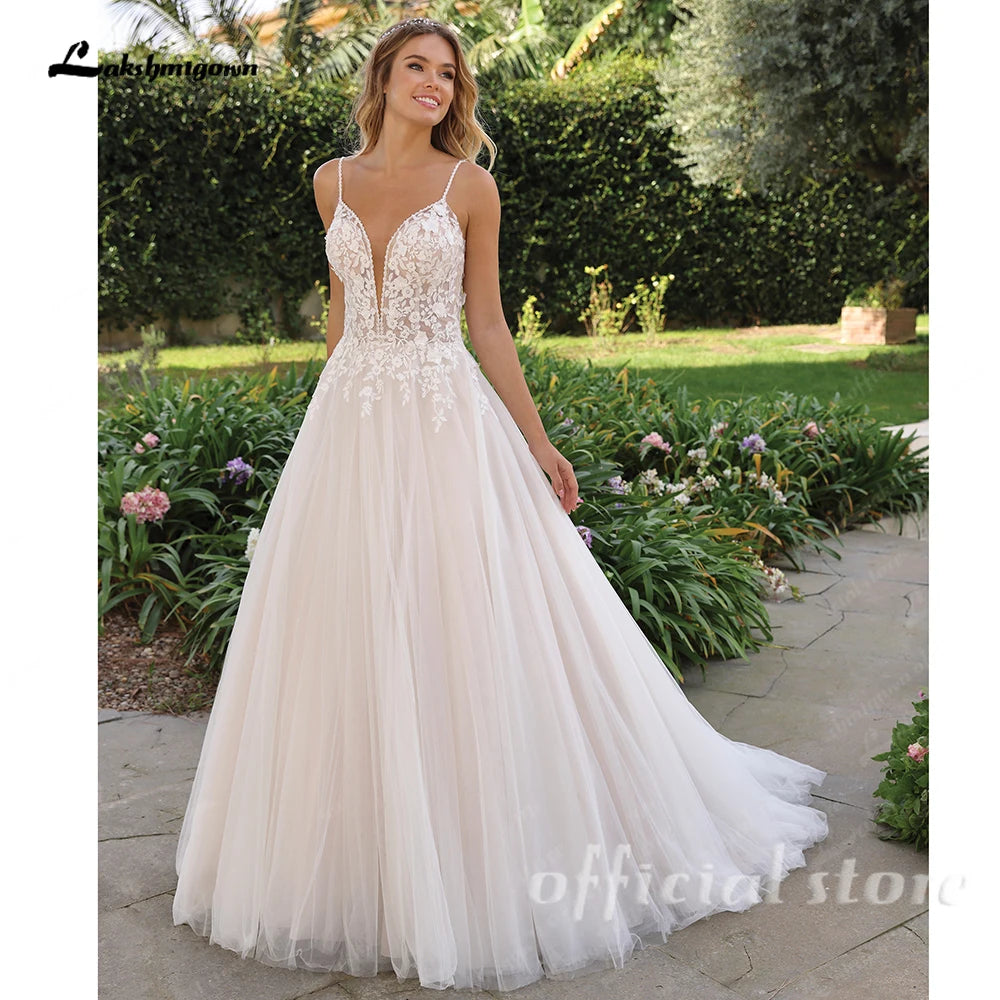 Lakshmigown Halter Neck Tulle Wedding Dress With Sweep Train And Button Back