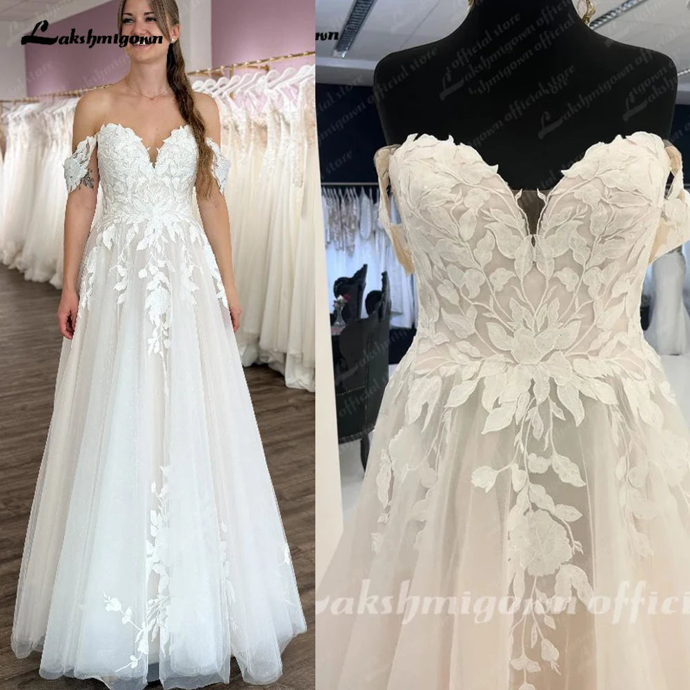 Custom Off Shoulder Wedding Gown With Lace Appliques And Cap Sleeve