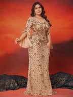 BLUEPLUM Plus Size Luxury Blue Evening Dresses Women 2025 Long Sleeve Mermaid Formal Sequins Prom Wedding Party Cocktail Gowns