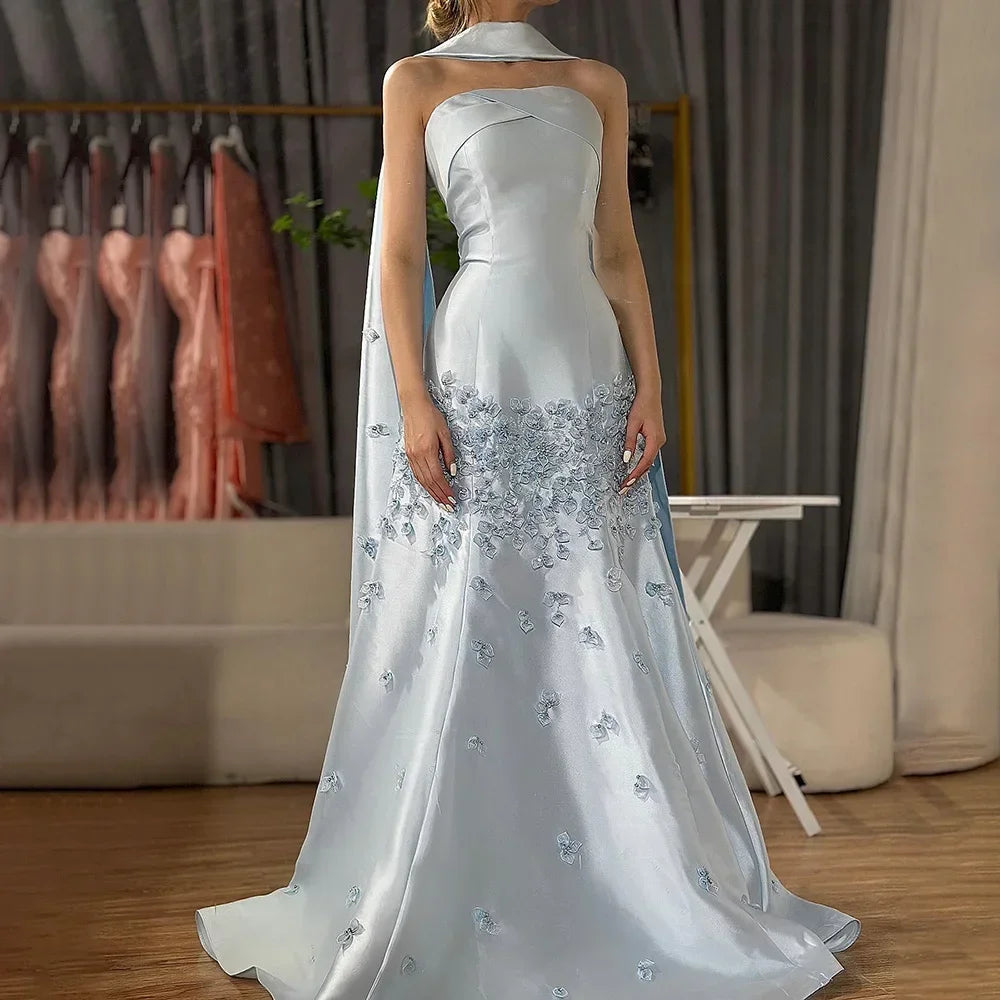 Customized Baby Blue Satin Mermaid Evening Dress Applique Gown For Women
