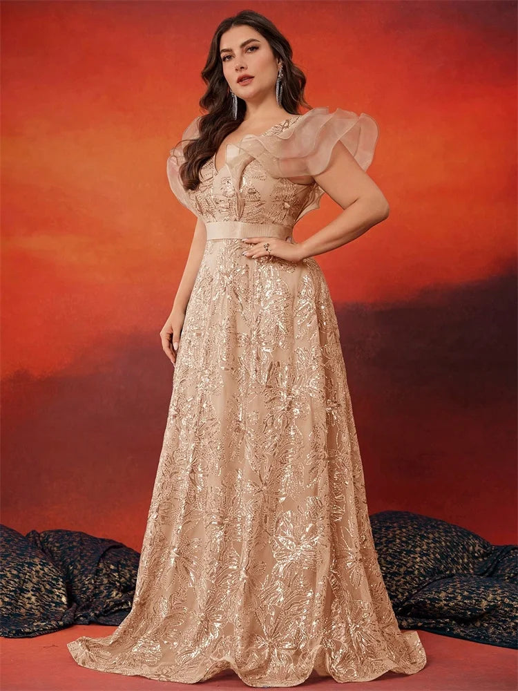 Vestido de noche gris con lentejuelas, escote en V y talla grande BLUEPLUM, elegante para mujer, espalda en V, vestido largo para boda, fiesta, baile de graduación y cóctel