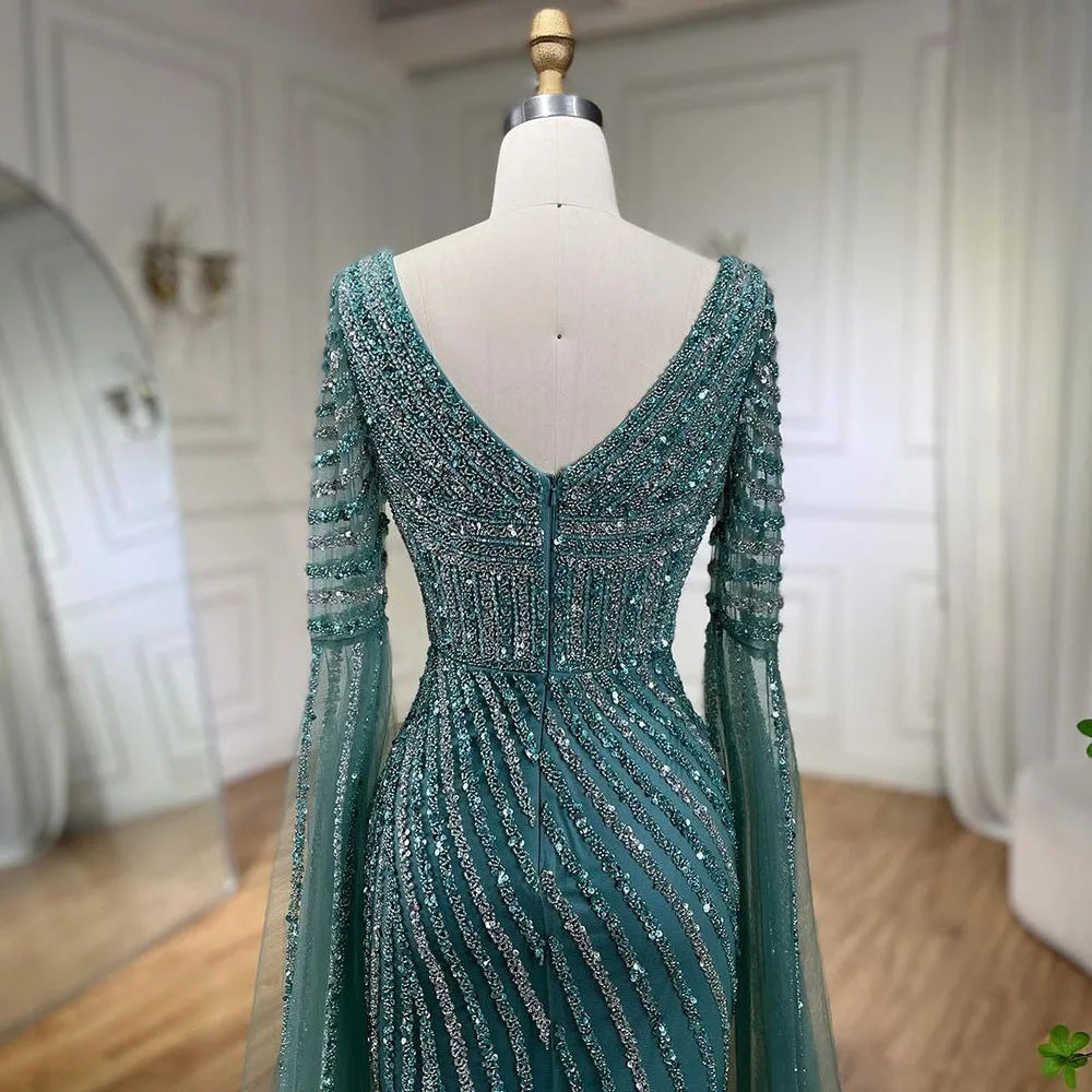 Turquoise Beaded Mermaid Evening Gown Sweetheart Overskirt Party Dress Women