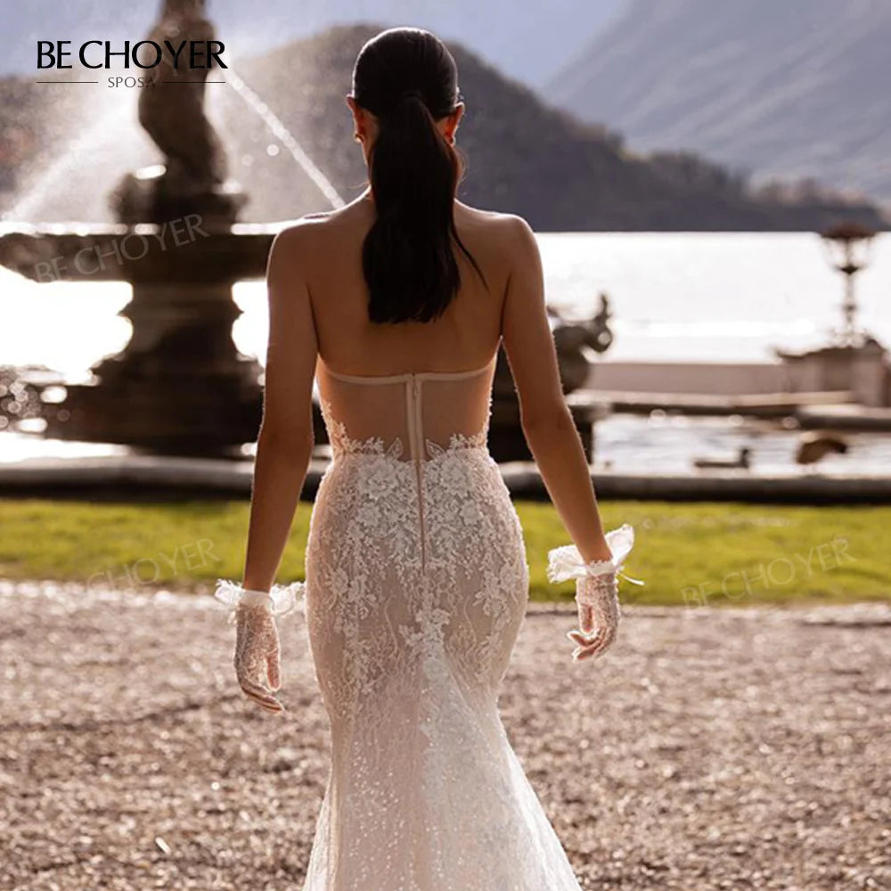 Sleeveless Mermaid Lace Wedding Dress Sweetheart Backless Custom Bridal Gown