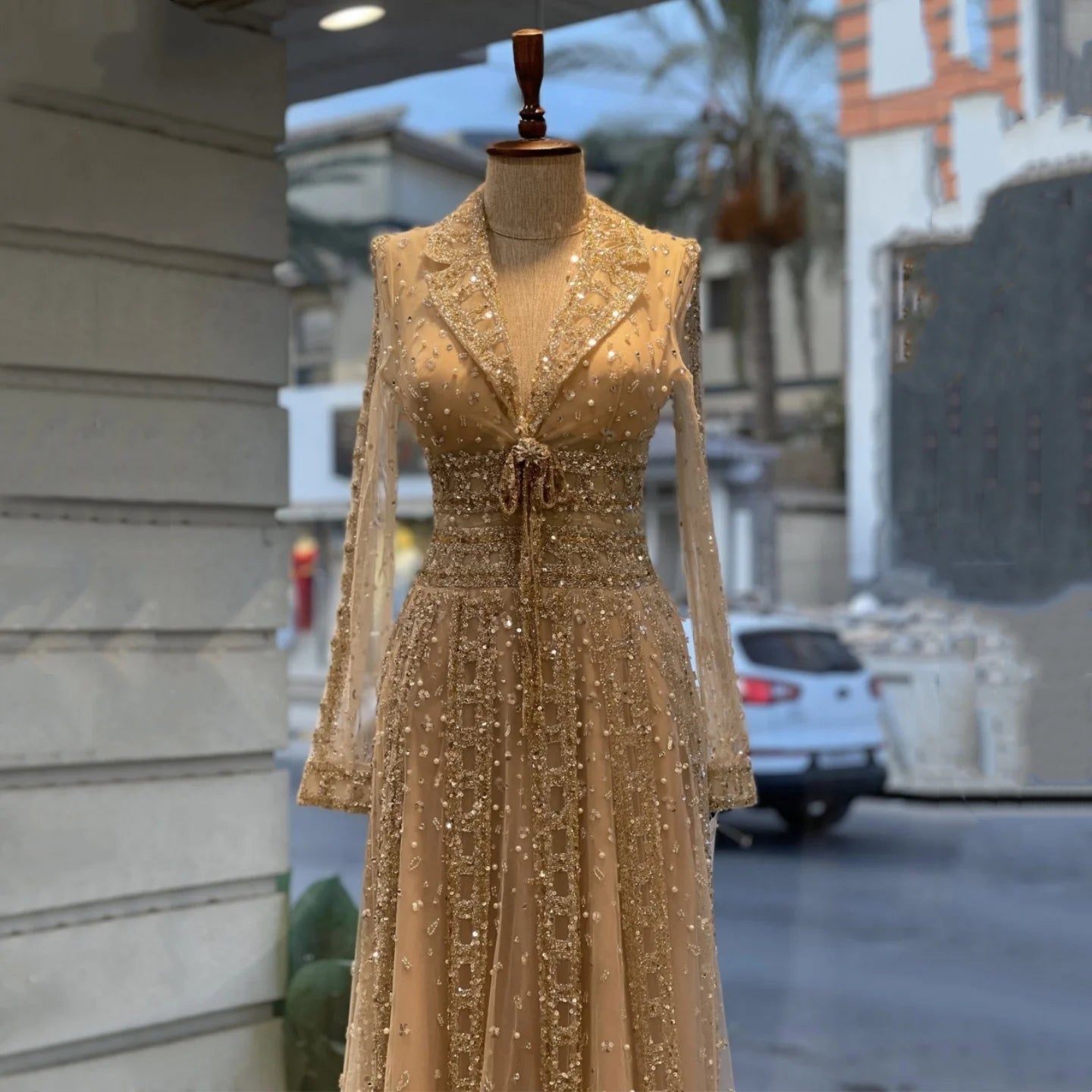 Luxury Beaded A Line Evening Dress With Lapel Collar For Modest Formal Wear