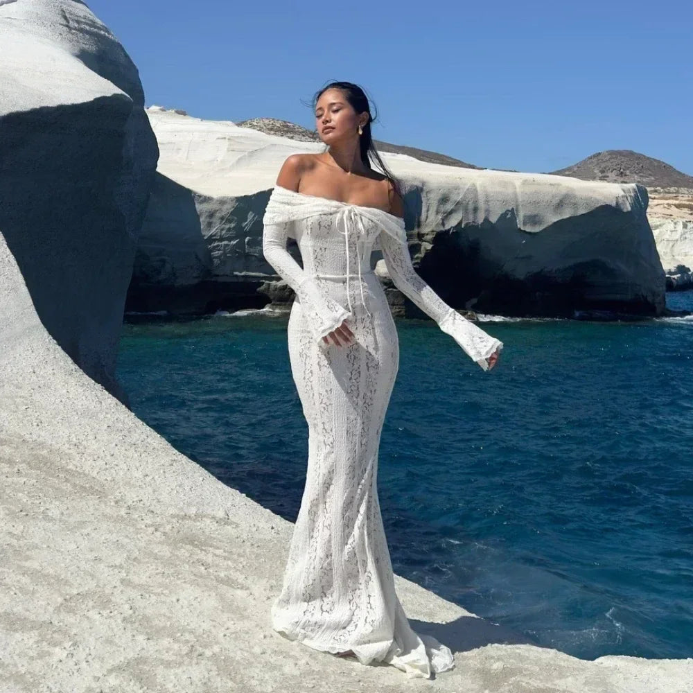 Suninheart Weiße Abendkleider für Veranstaltungen Rote Langarm-Spitzen Elegante Festkleider 2025 Damen Luxuriöses Hochzeitsballkleid Kleid