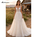 Deep V Lace Strap Boho Wedding Dress Floral Applique Bridal Gowns Glitter Tulle A Line Chapel Train Wedding Gowns Customized