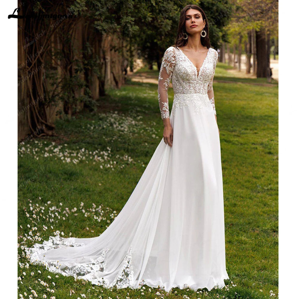 Boho V Neck Lace Chiffon Wedding Dress A Line Custom