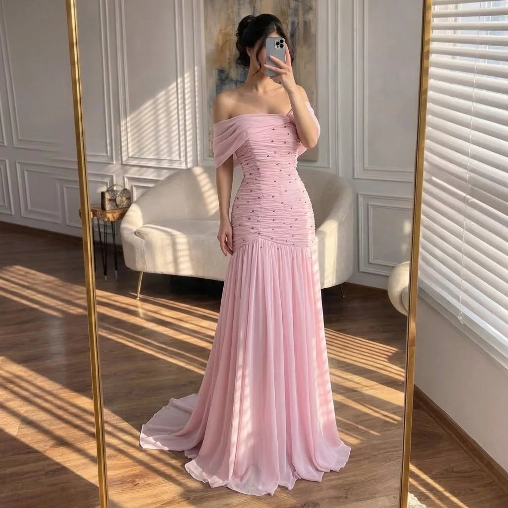 Serene Hill Pink Chiffon Mermaid Evening Gowns 2026 Elegant Mermaid Off-Shoulder Pleated Ruched Prom Dresses LA73347 Customized