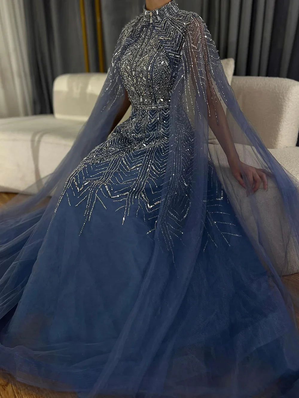 Customized Blue Beaded A Line Cape Sleeve Formal Evening Dress For Women