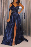Abito da sera economico blu marina con paillettes, monospalla, linea a trapezio, spacco laterale, modello S5920