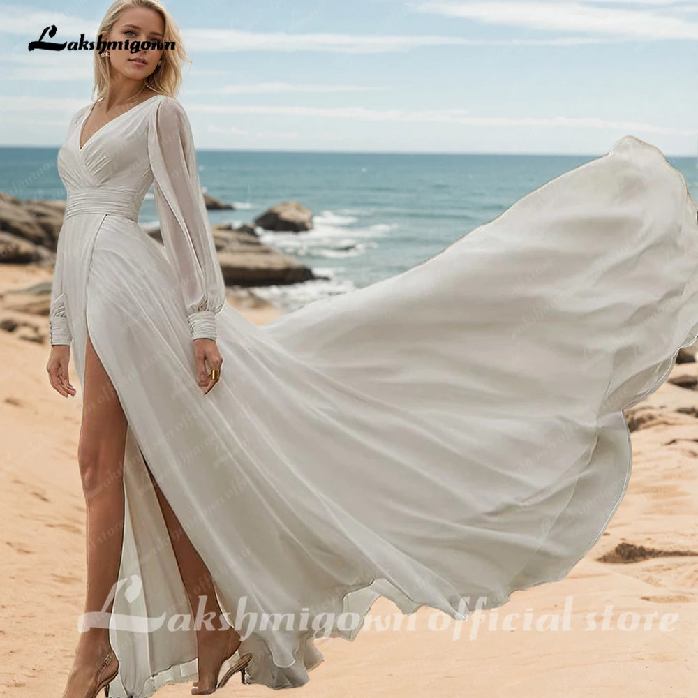 Lakshmigown Custom Aline Wedding Dress V Neck Chiffon Long Sleeves