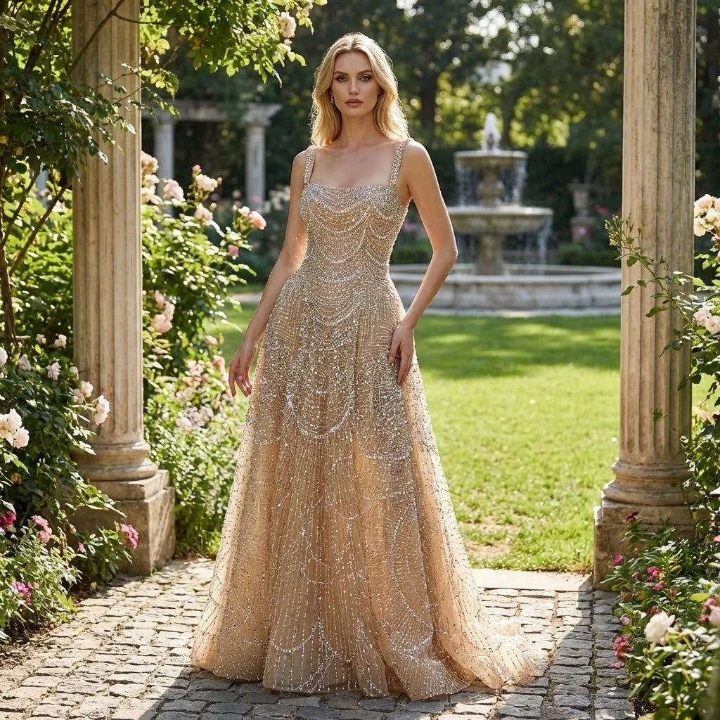 Serene Hill Customized Nude Prom Dress Spaghetti Strap Lace-up Back Evening Gown Crystal Beaded Party Gwons for Women DLA72983A