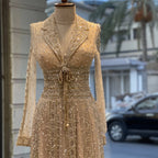Luxury Beaded A Line Evening Dress With Lapel Collar For Modest Formal Wear