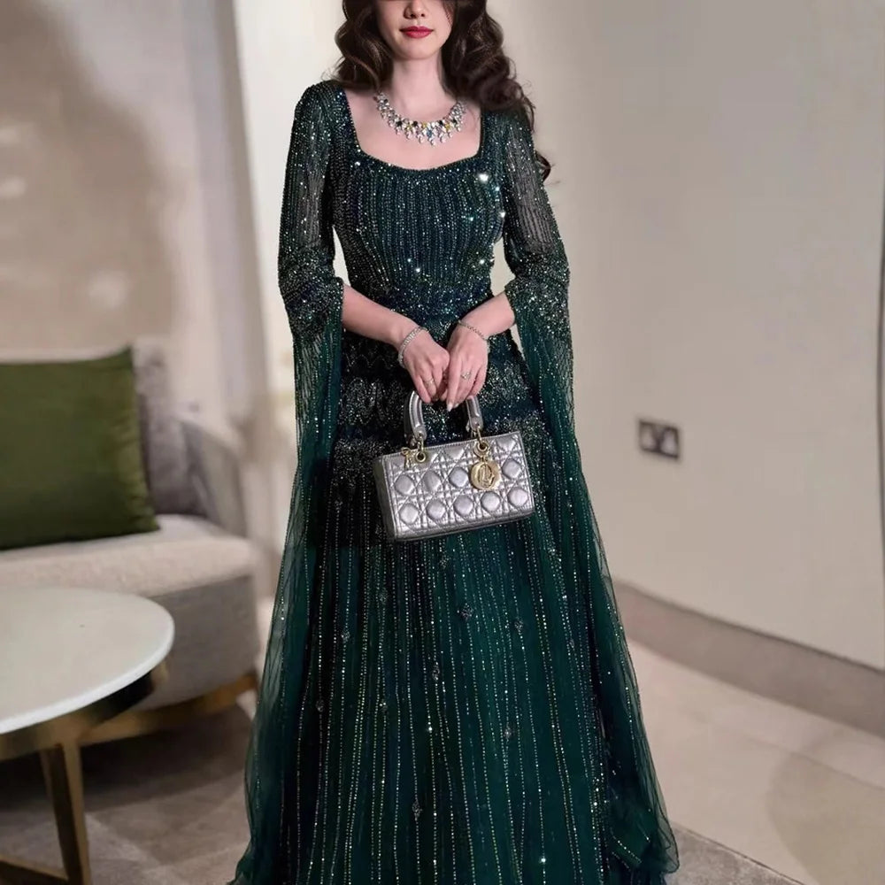 Caramel Beaded A Line Evening Dress With Cape Sleeves Formal Gown For Women