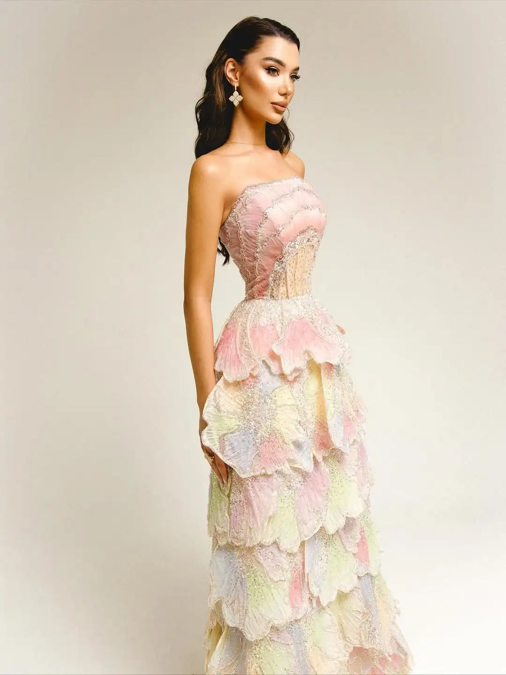 Ofherown Shiny Sequins Tiered Ruffles Evening Dresses A-Line Strapless Prom Gown vestidos de fiesta for Wedding Party Customized