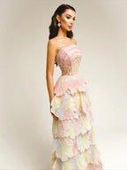 Ofherown Shiny Sequins Tiered Ruffles Evening Dresses A-Line Strapless Prom Gown vestidos de fiesta for Wedding Party Customized