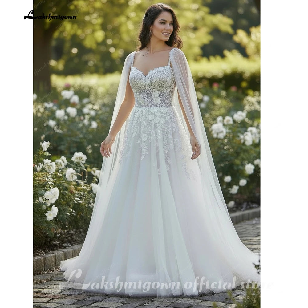 Custom Lace Spaghetti Strap Bridal Gown With Detachable Cape For Brides
