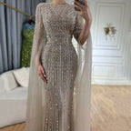 Custom Caramel Mermaid Beaded Evening Gown With Cape Sleeve For Women