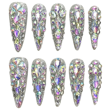 10 uñas postizas hechas a mano con diamantes brillantes, ligeras, de lujo, largas y puntiagudas, cobertura completa, uñas postizas Y2k, regalos de Año Nuevo. 