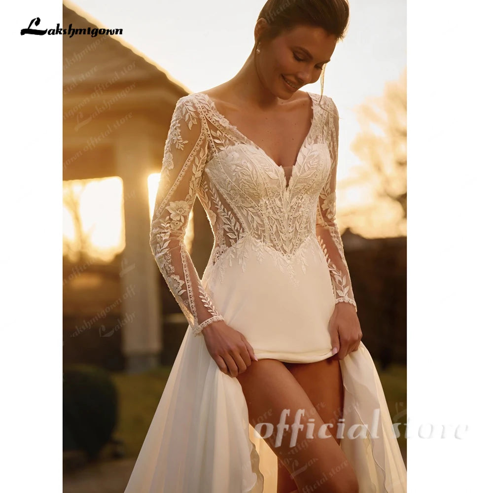 Lakshmigown Illusion Long Sleeve Chiffon A Line Custom Wedding Dress