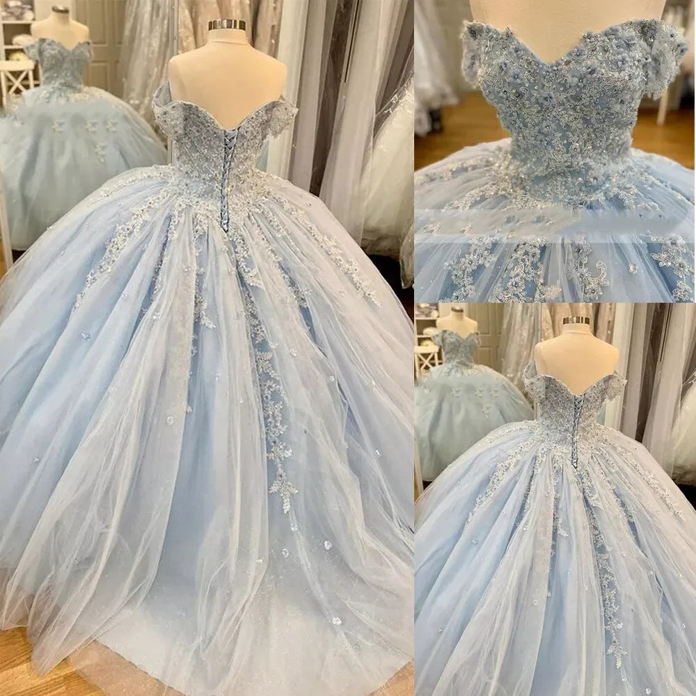 Robe de bal en tulle bleu à dentelle, décolleté bardot, robe bleue pour seize ans, robe de princesse Y2061
