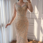 Customized Pink Mermaid Evening Dress Long Sleeve Beaded Gown