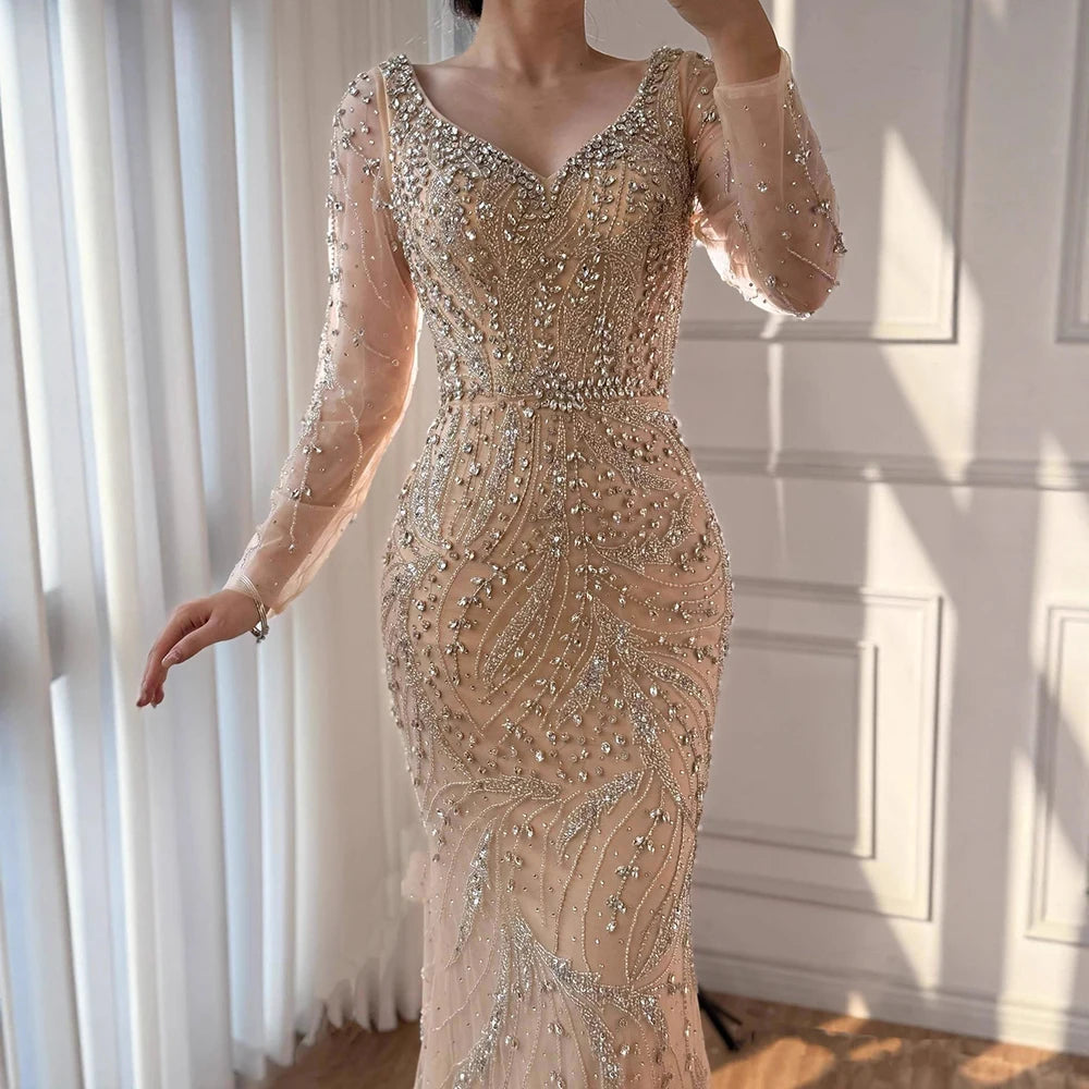 Customized Pink Mermaid Evening Dress Long Sleeve Beaded Gown