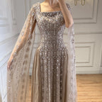 Luxury Beaded Evening Gown Cape Sleeve Square Neck Custom Muslim Wedding Dress