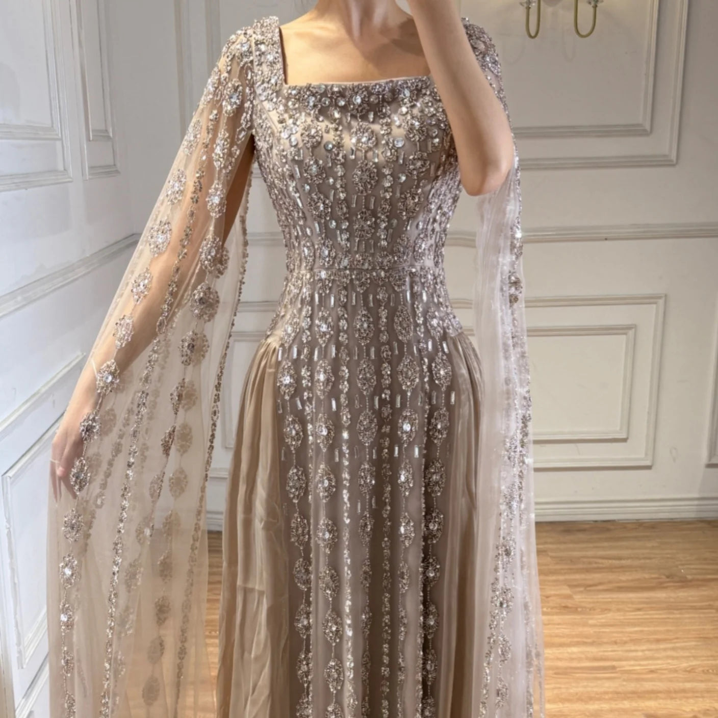 Luxury Beaded Evening Gown Cape Sleeve Square Neck Custom Muslim Wedding Dress