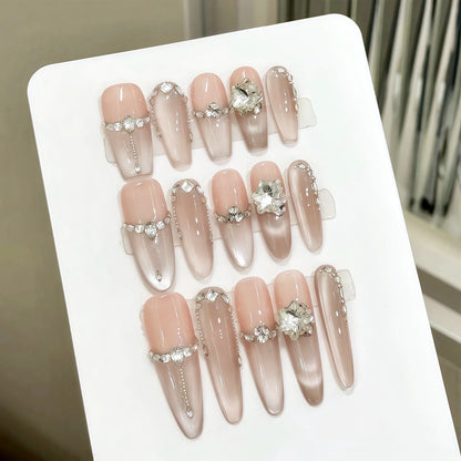 10 uñas postizas hechas a mano, color nude puro, ojo de gato, rosa claro, brillantes, estilo francés, para usar. 
