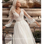 Lakshmigown V Neck Lace Tulle Long Boho Beach Wedding Dress For Women