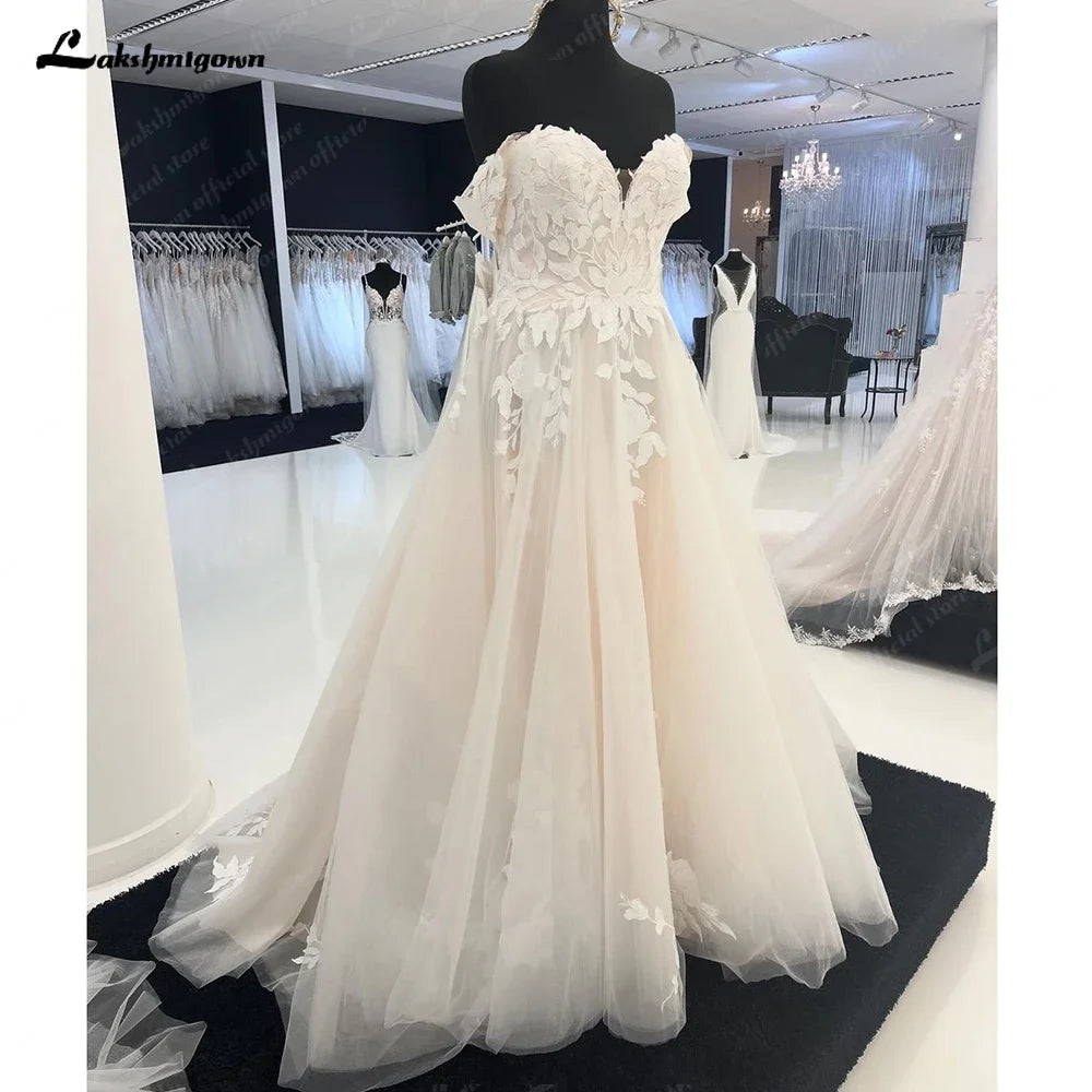 Custom Off Shoulder Wedding Gown With Lace Appliques And Cap Sleeve