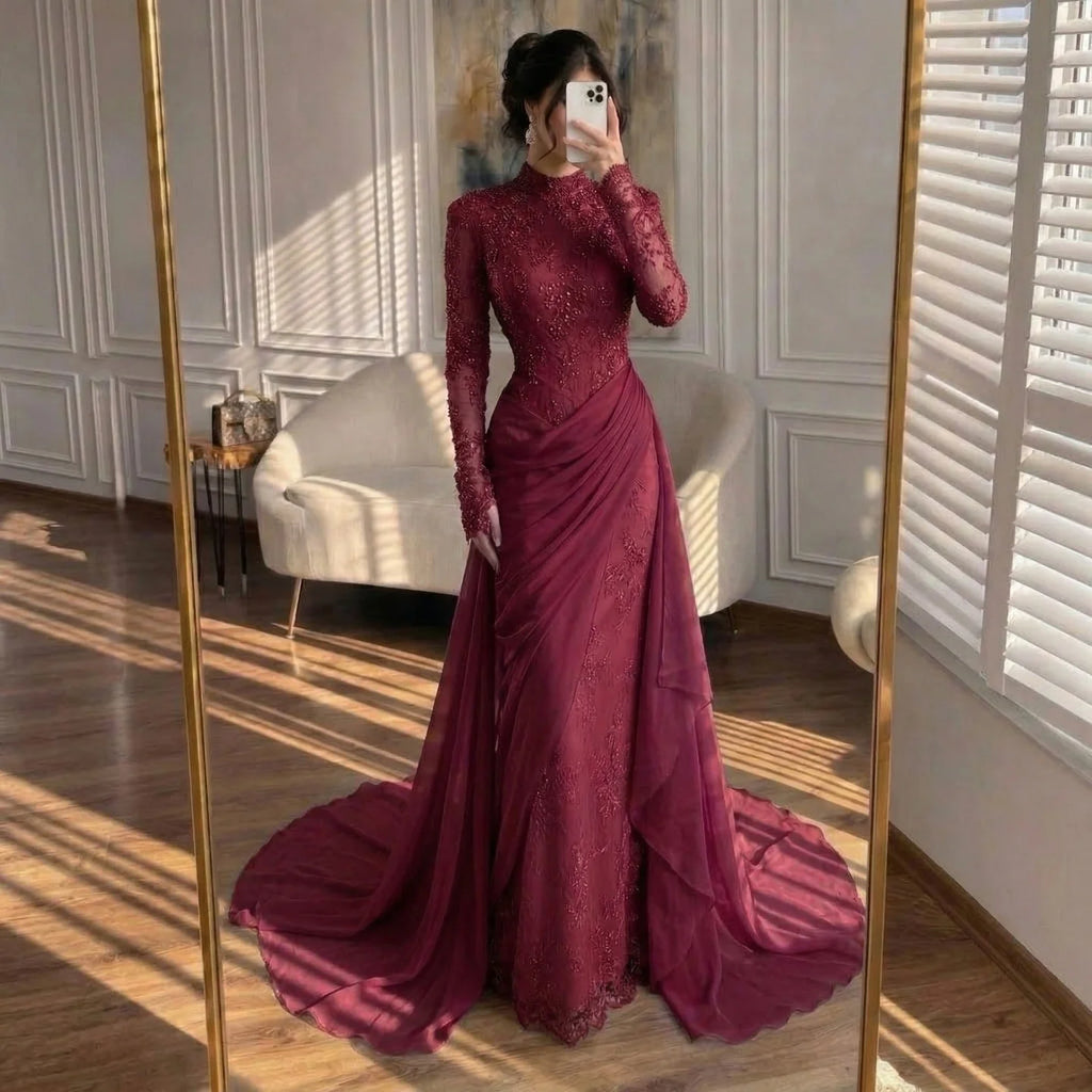 Customized Wine Red Mermaid Evening Dress With Lace Formal Party Gown