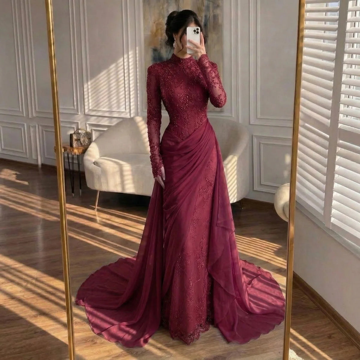 Customized Wine Red Mermaid Evening Dress With Lace Formal Party Gown