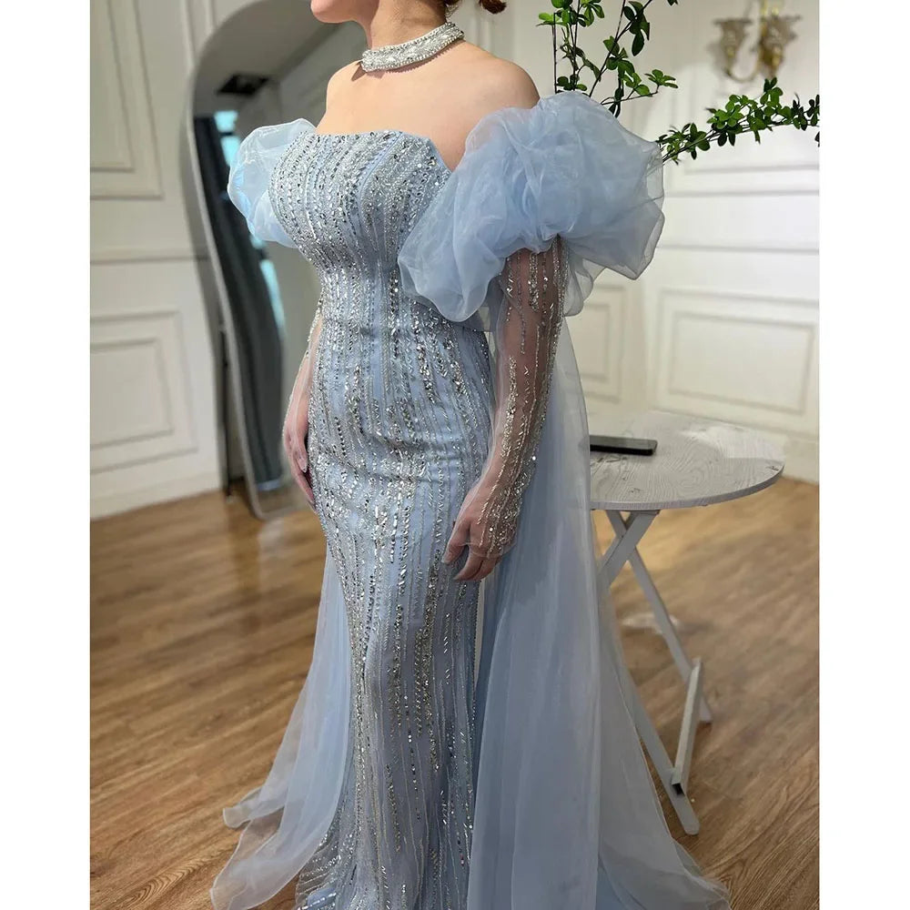 Custom Blue Mermaid Evening Gown Featuring Beaded Puff Sleeves