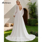 Ivory Boho Chiffon Beach Wedding Dress Long Sleeves Lace Custom Gown