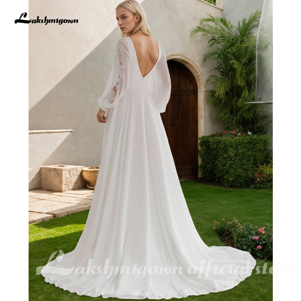 Ivory Boho Chiffon Beach Wedding Dress Long Sleeves Lace Custom Gown