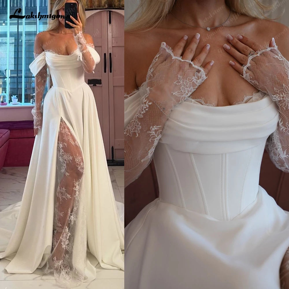 Customized Off Shoulder Satin A Line Wedding Dress With Sweep Train