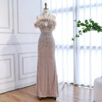 Luxury Nude Halter Feather Crystal Evening Dress LA73349