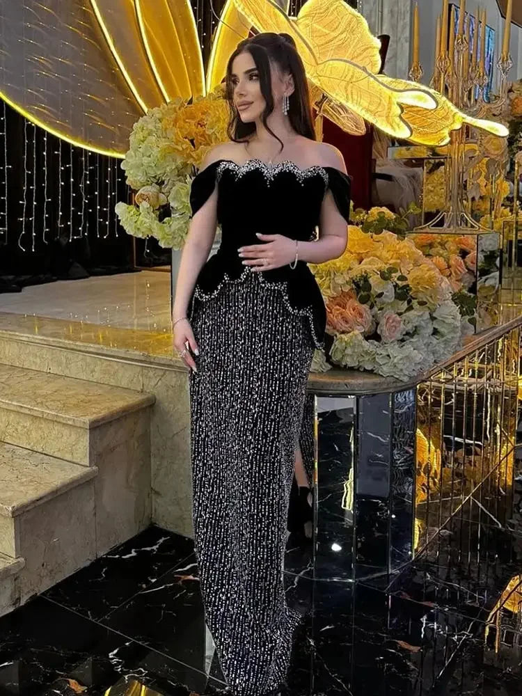 Serene Hill Black Off Shoulder Mermaid Beaded Evening Gown Custom Party Dress