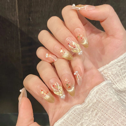 10 uñas postizas de ojo de gato brillantes, hechas a mano, pintadas a mano, doradas, con forma de cola de sirena y perla, uñas postizas almendradas para chicas dulces. 